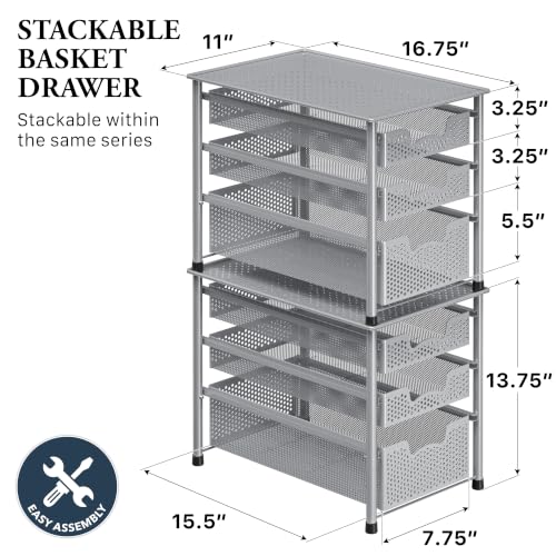 Simple Houseware Stackable 3 Tier Sliding Basket Organizer Drawer, Silver (Pack of 2) - color: Silver, size: 3-Tier (Pack of 2)