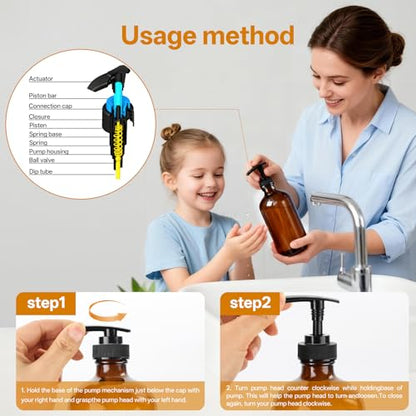 Vitreaux 16oz Amber Glass Soap Dispenser, 2 Pack Refillable Hand Soap Dispenser with Leak-Proof Pump, Brown Glass Bottle for Dish Soap, Lotion, Shampoo, Conditioner, Body Wash