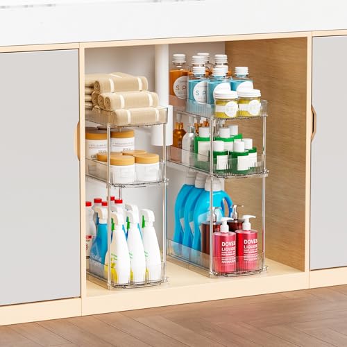 2 Pack 3 Tier Large Pull Out Bathroom Organizers and Storage,13.8″ Deep Sliding Kitchen Under Sink Organizer for Cleaning Products Storage,Acrylic Clear Bathroom inder Sink Organizer,Undersink Storage - style: 2 Pack-3 Tier