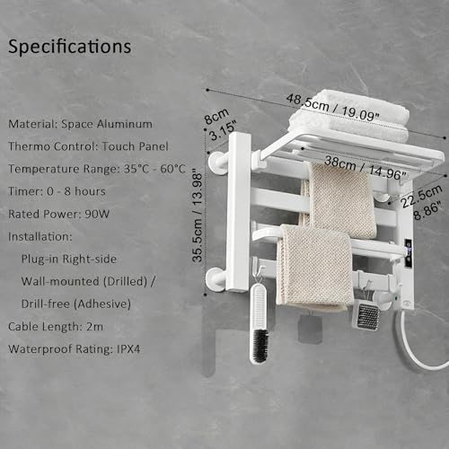 Towel Warmer Rack, Space Aluminum Electric Heated Towel Racks for Bathroom, 4 Bars Wall Mounted Bath Towel Heater with Built-in Timer&Temperature Adjustment, Plug-in, White - color: White