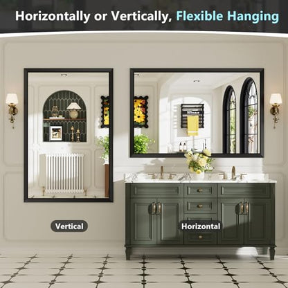 55x30 Inch Black Bathroom Mirror for Wall, Beveled Framed Rectangle Bathroom Vanity Mirrors for Over Sink, Bedroom, Living Room, Entryway, Anti-Rust, HD Tempered Glass, Horizontally/Vertically - size: 55"L x 30"W