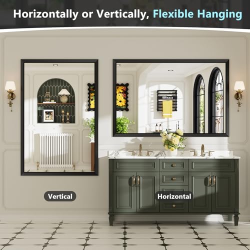 60x40 Inch Black Bathroom Mirror for Wall, Beveled Framed Rectangle Bathroom Vanity Mirrors for Over Sink, Bedroom, Living Room, Entryway, Anti-Rust, HD Tempered Glass, Horizontally/Vertically - size: 60"L x 40"W