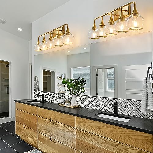 Gold Bathroom Vanity Light 5-Lights Bathroom Light Fixtures Over Mirror with Clear Glass Shade 39.2 inch Wall Sconce Lighting Bath(Exclude E26 Bulb) - color: Gold, size: 5 Light