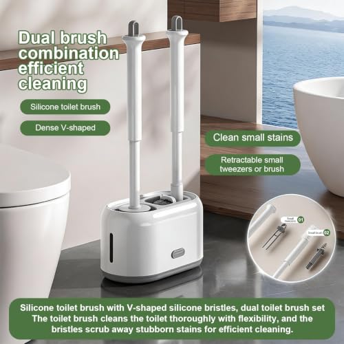 ROOM127 Wall-Mounted 2-in-1 Toilet Brush Set with Holder and Crevice Brush | Curved Under-Rim Bowl Brush with V-Shaped Crevice Scrubber and Long Handles for Tile Gaps, Grout Lines and Bathroom Corners