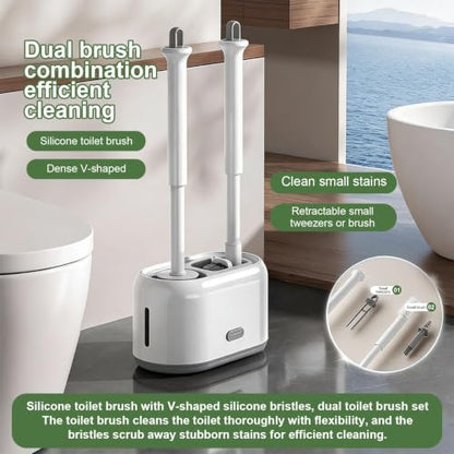 ROOM127 Wall-Mounted 2-in-1 Toilet Brush Set with Holder and Crevice Brush | Curved Under-Rim Bowl Brush with V-Shaped Crevice Scrubber and Long Handles for Tile Gaps, Grout Lines and Bathroom Corners