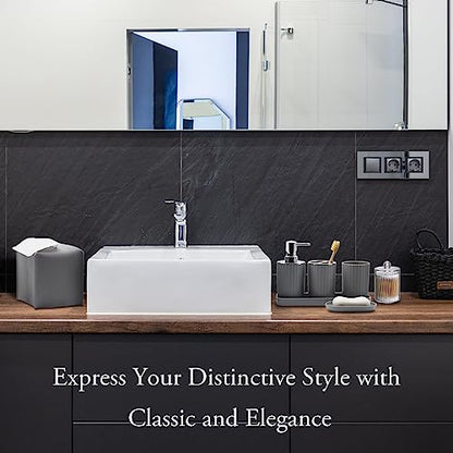 Bathroom Accessory Set, 10 Piece Grey Bathroom Set Complete | Includes Trash Can, Soap Dispenser, Toothbrush Holder, Soap Holder, Tumbler, Toilet Brush, Tray, Qtip Holders, Tissue Cover - color: Grey