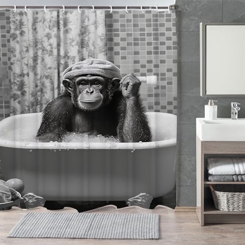 Funny Monkey Shower Curtain, Black and White Fun Chimpanzee Animal Bathroom Curtains, 72x72 Humorous Shower Curtain Set, Gray Wildlife Boys Men Modern Cool Bathroom Curtain - color: Black Gray, size: 72"W x 72"L (Pack of 1)