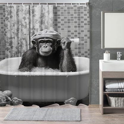 Funny Monkey Shower Curtain, Black and White Fun Chimpanzee Animal Bathroom Curtains, 72x72 Humorous Shower Curtain Set, Gray Wildlife Boys Men Modern Cool Bathroom Curtain - color: Black Gray, size: 72"W x 72"L (Pack of 1)