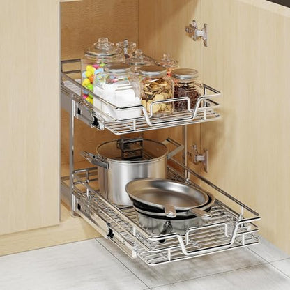 2-Tier Kitchen Cabinet Pull Out Shelf and Drawer Organizer Slide Out Pantry Storaqe Basket in Multiple Sizes (14" W x 21" D) - size: 14" W x 21" D