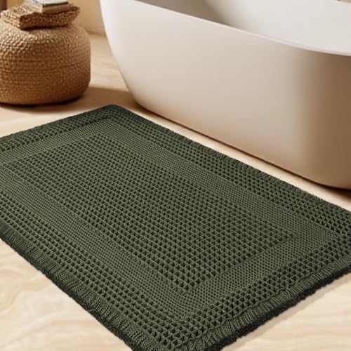 Waffle Bath Mat, Boho Woven Modern Bath Rug Absorbent Non Slip, Ultra Soft Bathroom Mats, Machine Washable Knit Bath Rugs with Tassels for Bathroom, Bedroom, Kitchen, Shower, Tub, 36"x24", Dark Green - color: Dark Green-looped, size: 2' x 3' (Rectangular)