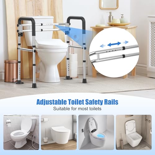 Upgraded Toilet Safety Rails 380LBS, Stainless Steel Toilet Rail Frame, Adjustable Stand Alone Toilet Support with Non-Slip Grips & Suction Cups,Tool-Free Assembly, Fits for Elderly/Disabled