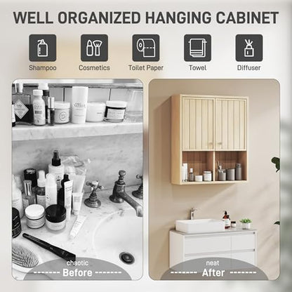 Bathroom Storage Cabinet Wall Mounted, Pre-Assembled Medicine Cabinet with 2 Doors, Slim Hanging Wall Cabinet Over The Toilet for Small Spaces, Modern Farmhouse Style,Natural Oak