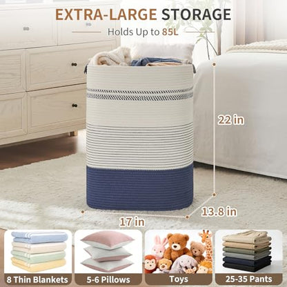 AINUOQI Large Laundry Basket - Tall Woven Rope Laundry Hamper with Leather Handles - Dirty Clothes hamper for Living room, Bedroom, 17" X 13.8" X 22", Dark Blue & White - color: Dark Blue & White, size: 85L
