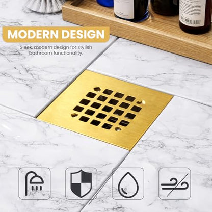 4-1/4” Square Snap-in Brushed Gold Shower Drain - Durable Replacement - 4.25 inch Durable Floor Cover -Snap-in Prongs - Easy Installation Universal Grate Stainer - color: Brushed Gold