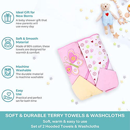 Spasilk Bath Hooded Towels & Washcloths Set for Babies, 2 Hooded Terry Bath Towels & 2 Washcloths, Pink Butterfly - color: Pink Butterfly