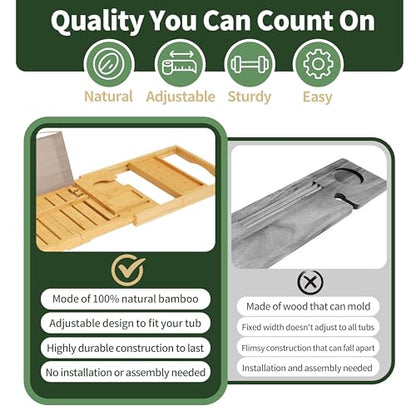 Premium Bamboo Luxury Foldable Bathtub Tray - Natural Bamboo Bath Tray for Tub, Bamboo Bathtub Shelf, Expandable Bath Table Trays, Bathtub & Bathroom Accessories for New Home & Great Gifts