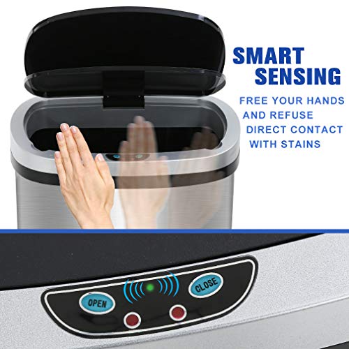 FDW | 13 Gallon Stainless Steel Trash Can with Lid | Silver | Automatic Touchless Lid with Motion Sensor | Kitchen Garbage Can with Waterproof Design | for Home, Office, Bathroom - color: Silver, style: Stainless Steel