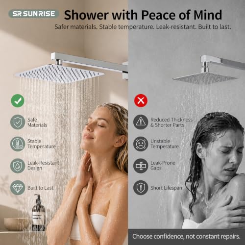 SR SUN RISE Polished Chrome Square Rainfall Shower Head and Handle Set, Wall Mounted Shower Fixtures, Metal Shower Faucet Trim Repair Kits (With Shower Valve) - color: Polished Chrome, size: 10 Inch