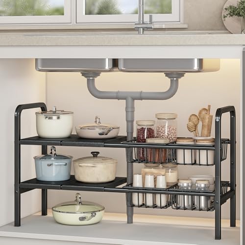 Under Sink Organizer and Storage 2 Tier Expandable Shelves Kitchen Cabinet Crganizers with 4 Baskets and 4 Panels for Bathroom Counter shelf Pantry