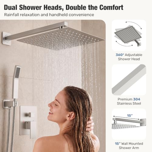 NEWBULIG Shower Faucet Set, Square Rainfall Shower Head and Handle Set with Valve Trim Kit,10.5 Inch Head, Brushed Nickel