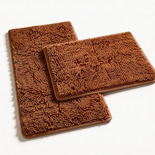 Champagne Chenille Bath Rug Set - 2 Piece Non-Slip Absorbent Shaggy Rugs, Bathtub Mat, Washable Bathroom Carpet for Tub, Shower, Washroom - 32x20 + 24x16 Inch - color: Champagne
