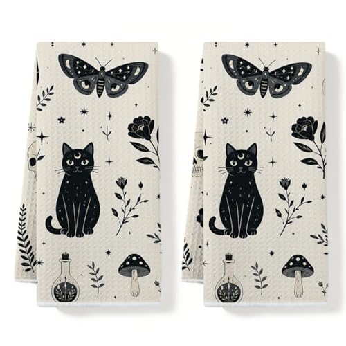 Gothic Cat Kitchen Towels Set of 2 Witchy Kitchen Decor Waffle Absorbent Tea Towels Skeleton Dish Towel Decorative Hand Towel for Bathroom Cat Gifts for Women Mom Friends, 14x24 Inches - color: Multi0217