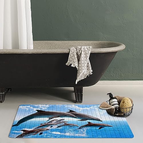 Dolphins Bathtub Mat Non Slip for Kids Cute Dolphins Bath mat 15"x27",Jumping Dolphins Bathroom Bathtub Mats,Drain Holes Suction Cups, Washable Shower Mat Anti Slip,Jumping Dolphins - color: Jumping Dolphins