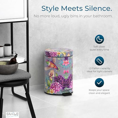 Sanilo Small Bathroom Trash Can with Lid [1.3 Gallon] - Lidded Tiny Trashcan for Garbage - Mini Metal Bin with Soft Closing Mechanism - Bath Room Accessoire Wastebin with Inner Bucket (Hummingbird) - color: Hummingbird