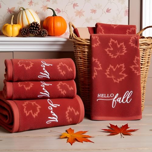 2 Pack Fall Hand Towel Jacquard Embroidered Cotton Kitchen Towels Farmhours Thankful Bath Towels Set Thanksgiving Bathroom Decor (Maple Hello Fall, 2*Hand Towel) - color: Maple Hello Fall