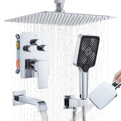 Bathtub Shower Faucet Set with Pressure Balance Valve, 12" Ceiling Mount Shower System with Tub Spout Multi-function Handheld Head Pressure Balancing Push Button Diverter Shower Trim Kit,Chrome - color: Chrome Polished, style: 12"-Square-Tub-01