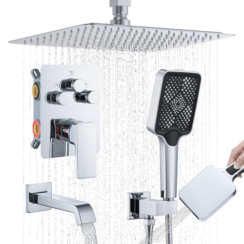 Bathtub Shower Faucet Set with Pressure Balance Valve, 12" Ceiling Mount Shower System with Tub Spout Multi-function Handheld Head Pressure Balancing Push Button Diverter Shower Trim Kit,Chrome - color: Chrome Polished, style: 12"-Square-Tub-01