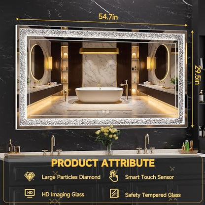 WINNICE 55" x 30" LED Diamond Wall Mirror, Dim & Anti-Fog | Crystal glass, dimmable & anti-fog, mounts vertical/horizontal, ideal for bathroom, bedroom, living room. - size: 30"L x 55"W
