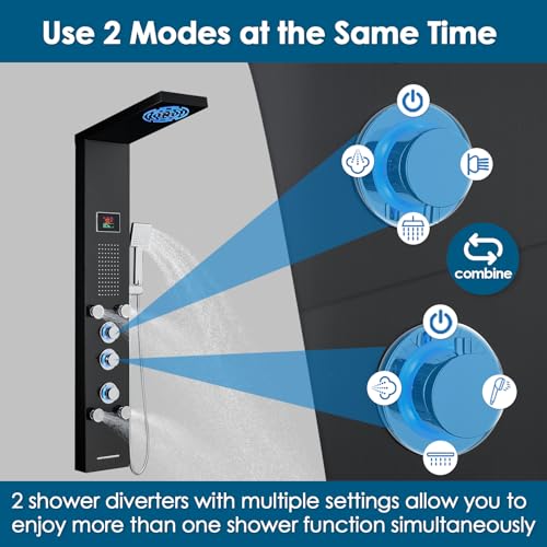 ROVOGO LED Shower Panel Tower With Lights & Digital Display, Water Powered | Rain Mist Shower Head, Handheld, 5 Body Jets, Tub Spout, Hydroelectric Shower Column Stainless Steel W/ Brass Valves, Black - style: 6-Function-Black-Water Powered