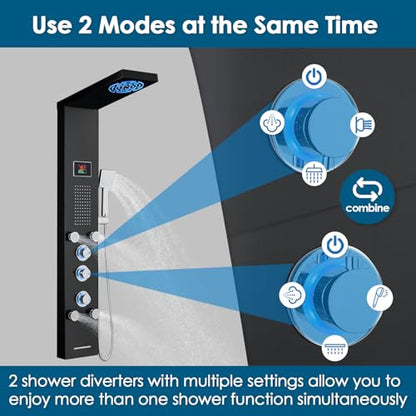 ROVOGO LED Shower Panel Tower With Lights & Digital Display, Water Powered | Rain Mist Shower Head, Handheld, 5 Body Jets, Tub Spout, Hydroelectric Shower Column Stainless Steel W/ Brass Valves, Black - style: 6-Function-Black-Water Powered