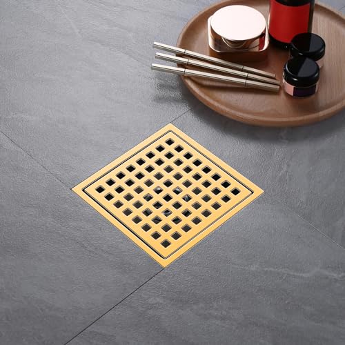 Shower Drain, Brushed Gold 6 inch Shower Floor Square Drain with Flange, Removeable Grid Panel SUS 304 Stainless Steel Square Shower Drain - color: Brushed Gold, size: 6 inch