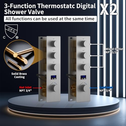 Dual Shower Mixer 6 Way Full Body Shower Head System Rain 12+8+8 Inch With Wall Mount 6 Pcs Jets 2 Handheld Shower Diverter Valve Digital Display Fauct Set, Brushed nickel - color: Brushed Nickel