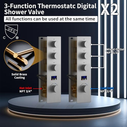 Dual Shower Mixer 6 Way Full Body Shower Head System Rain 12+8+8 Inch With Wall Mount 6 Pcs Jets 2 Handheld Shower Diverter Valve Digital Display Fauct Set, Brushed nickel - color: Brushed Nickel