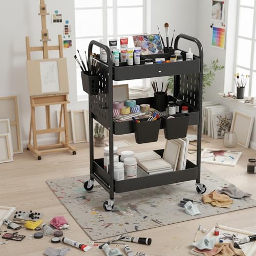 Craft Cart, Black Rolling Cart with Retractable Dividers & DIY Pegboards for Kitchen, Bedroom, Laundry - color: Black