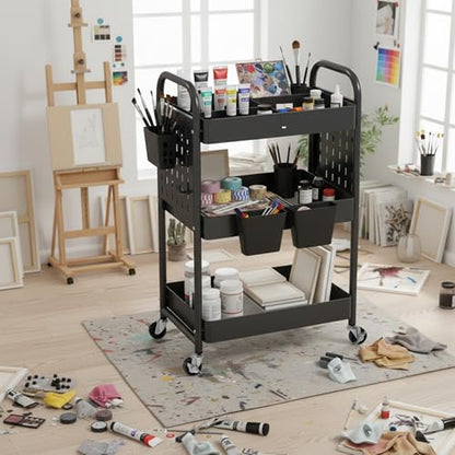 Craft Cart, Black Rolling Cart with Retractable Dividers & DIY Pegboards for Kitchen, Bedroom, Laundry - color: Black