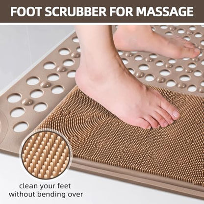 Shower Mat Non Slip: 35.4" x 23.6" Large PVC Heavy Shower Mats for Inside Shower - Quick Dry Shower Foot Scrubber Matt with Drain Hole and Suction Cups for Elderly - color: Khaki