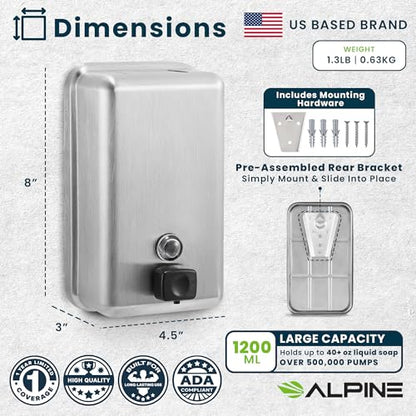 Alpine Stainless Steel Soap Dispenser Wall Mount - Commercial Liquid Wall Soap Dispenser for Bathroom, Kitchen, Refillable 1200 ml Large ADA Compliant (Vertical)