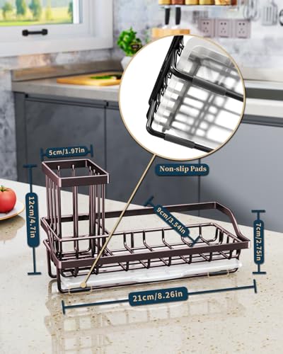 Consumest Sink Caddy Kitchen Organizer, Sponge Holder for Kitchen Sink with Removable Drip Tray for Countertop Dish Soap Holder Dispenser Brush Holder, 304 Stainless Steel - Bronze - color: Bronze