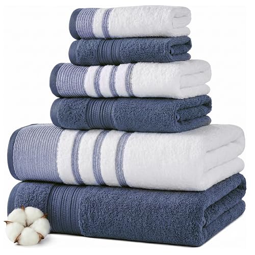 Modern Threads 6-Piece Towel Set – 100% Cotton, Quick Dry, Ultra Absorbent – Includes 2 Bath, 2 Hand, 2 Washcloths (White/Reinhart Blue) - color: Blue, style: Classic Stripe