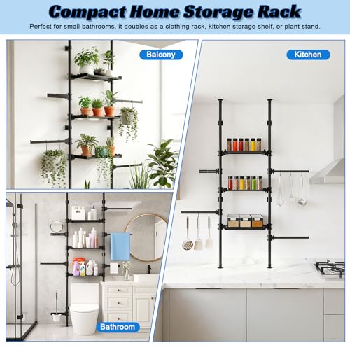Over Toilet Storage Shelf Bathroom Organizer Rack, Adjustable 4 Tier Carbon Steel Over Toilet Shelf with Rod Structure No Drilling Installation for Small Bathroom (Black)