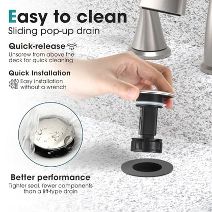 Bathroom Faucets 3 Hole Bathroom Sink Faucet with Pop Up Drain and Water Supply Hoses 8 Inch Waterfall Bathroom Faucet Two Handles for Vanity,Lavatory,Restroom,Commercial,Brushed Nickel - color: Brushed Nickel
