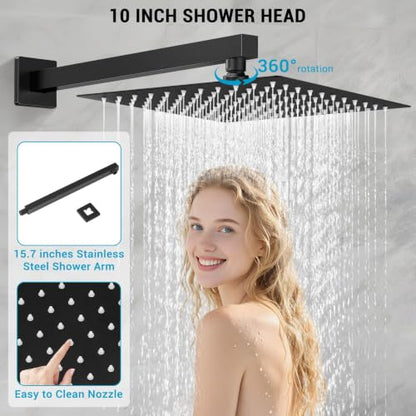 10" Square Rain Shower Faucet Set, Wall Mount, Matte Black | 304 SS , air tech boosts pressure 50%, dual spray, anti-fingerprint - color: Matte Black, style: 10''-Wall Mount