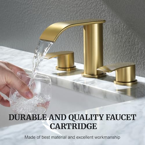 Ultimate Unicorn 8 inch Bathroom Faucet Brushed Gold, Waterfall Bathroom Faucet with Metal Pop-up Sink Drain Stopper and 2 Supply Hoses,2 Handle Widespread Faucets for Vanity Sink 3 Holes | Bathroom Faucet with Metal Pop-up Sink Drain Stopper and 2 Supply