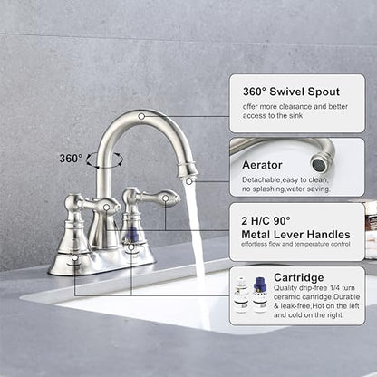 Brushed Nickel 4 Inch Centerset Bathroom Faucet 3 Hole with Drain,2 Pack | Derengge High Arc Classic 2-Handle Bathroom Faucet, Vanity Lavatory Faucet with 360° Swivel Spout，BF-4501D-BN - color: Brushed NickelX2