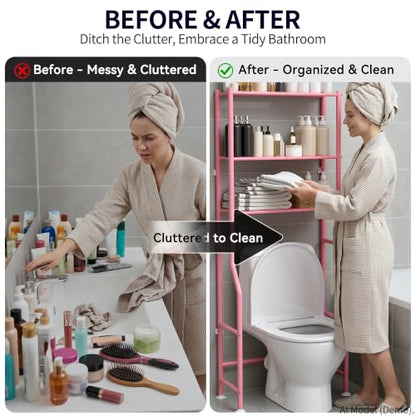 3-Tier Over The Toilet Storage, Freestanding Metal Bathroom Shelves, Space Saver Above The Over Toilet Storage Shelf for Bathroom (Pink) - color: Pink