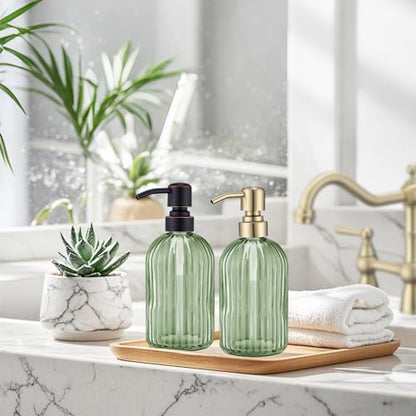 16Oz Green Glass Soap Dispenser with Rust Proof Stainless Steel Pump, Green Stripe Bathroom Hand Dish Lotion Dispensers with Brushed Gold Pump,Brushed Gold Glass Soap Dispenser - color: Brushed Gold + Green, size: 1-Pack